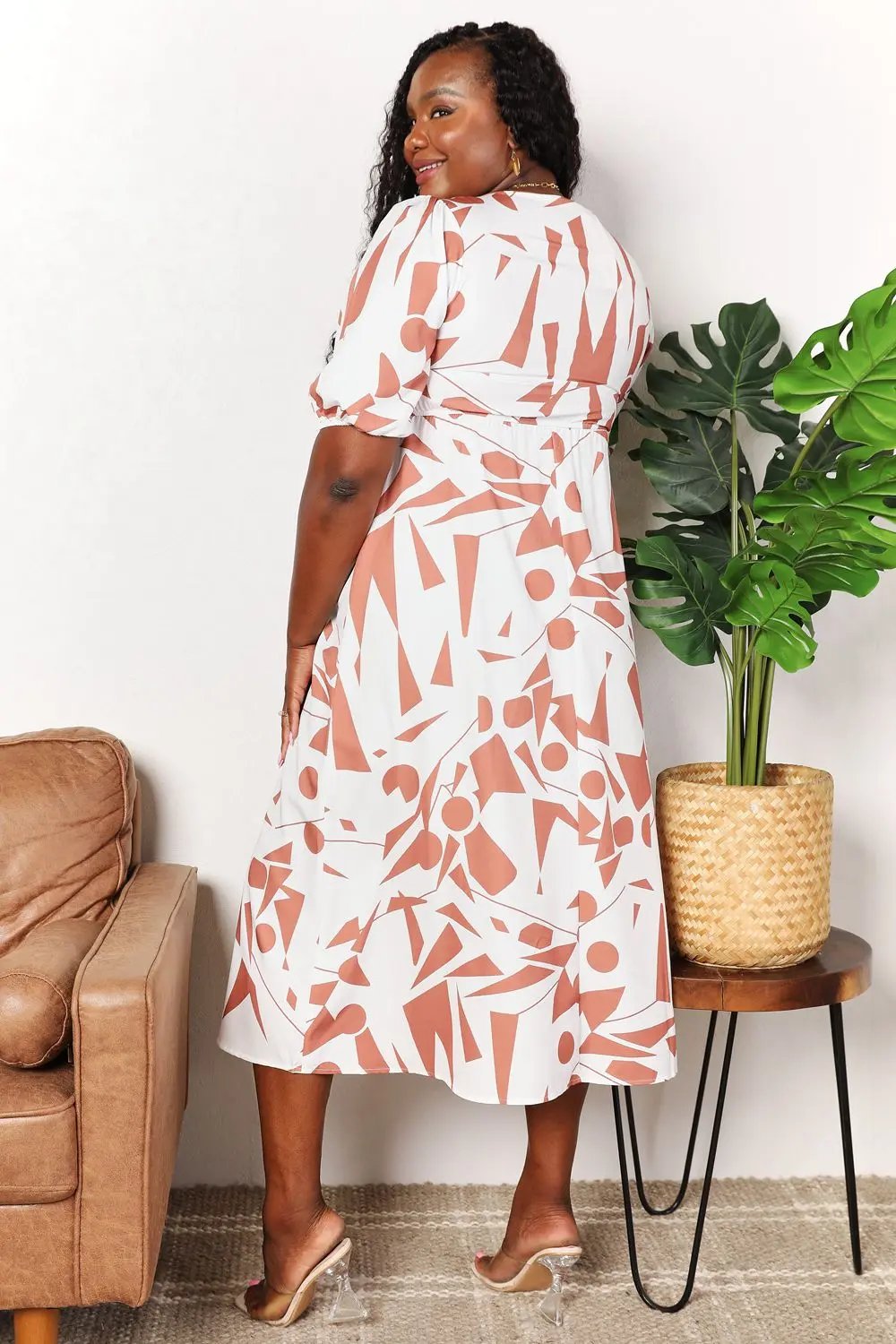Double Take Printed Surplice Balloon Sleeve Dress - Love Salve